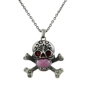 Solid Pewter Day of the Dead Skull Pendant w/ Faceted Pink Stone